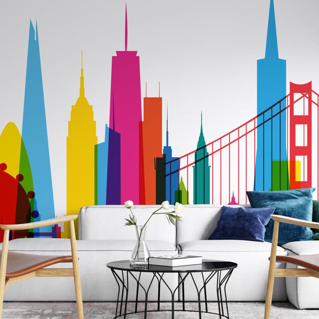 Papier peint panoramique avec gratte-ciels colorés - 170x260 cm (l x h) Couleur multicolore <span itemprop=
