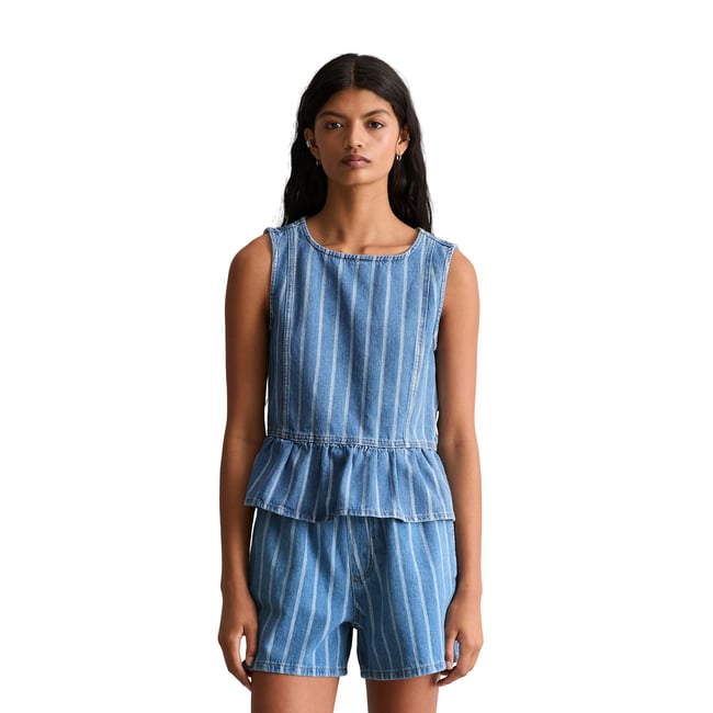 Blouse en jean-volant rayé relaxed en pur coton organique bleu <span itemprop=