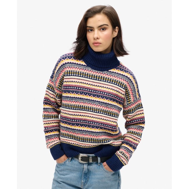 Pull texturé à rayures bleu marine hivernal multicolore <span itemprop=