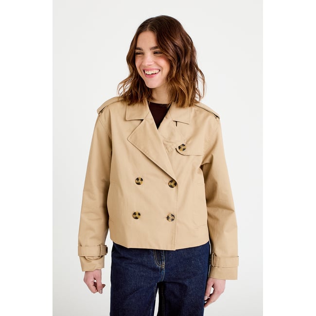 Trench droit court col tailleur sable <span itemprop=