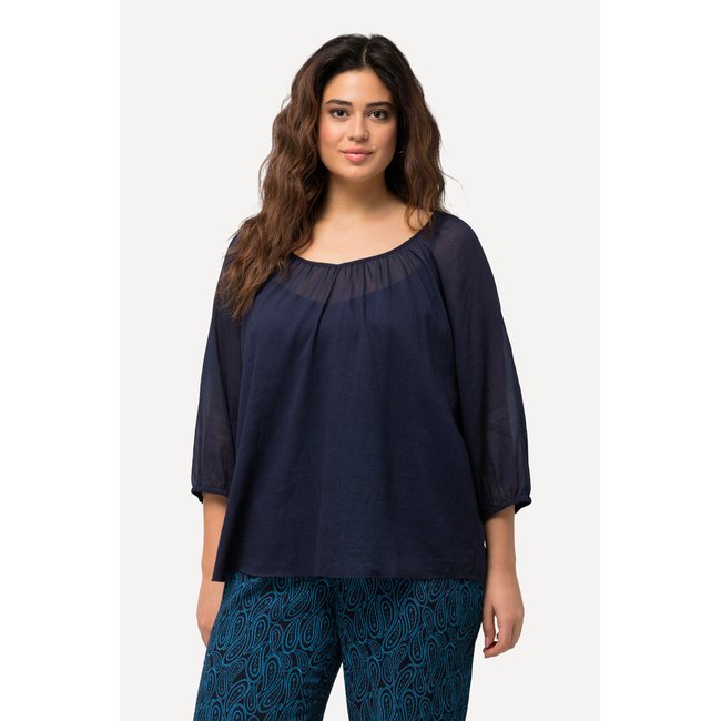 Blouse à imprimé floral. Encolure en V et marine <span itemprop=