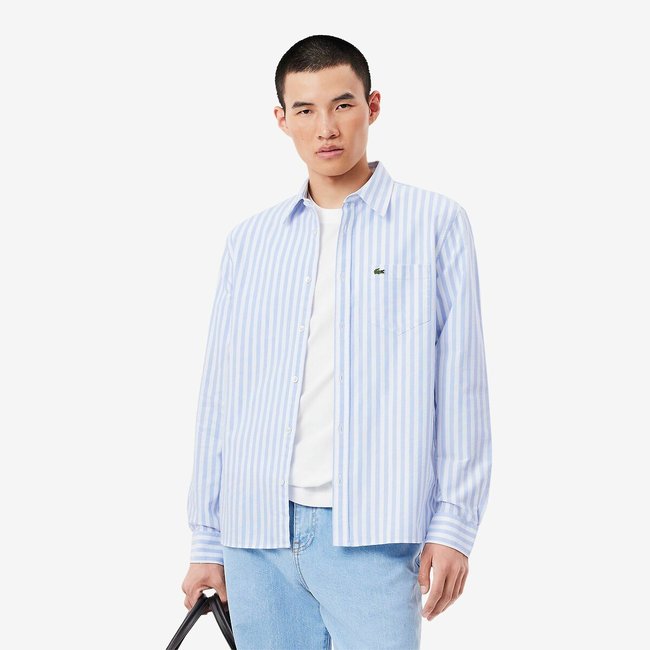 Camicia regular fit in tessuto oxford rigato azzurro LACOSTE
