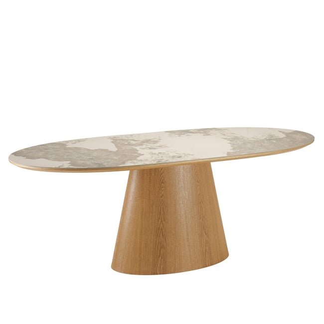 Table à manger 200x90cm plateau céramique pieds bois LINEA Couleur blanc <span itemprop=