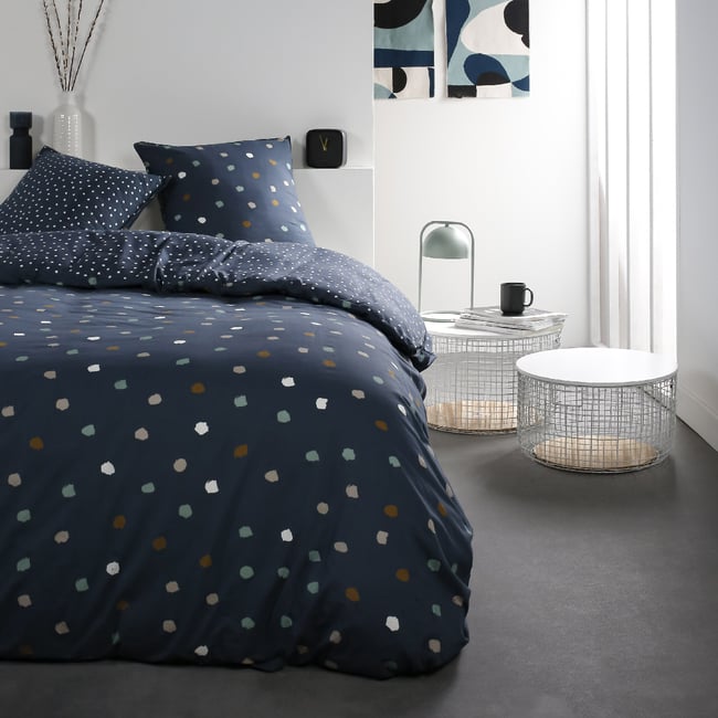 Parure de lit coton 2 personnes imprimé a pois SUNSHINE bleu <span itemprop=