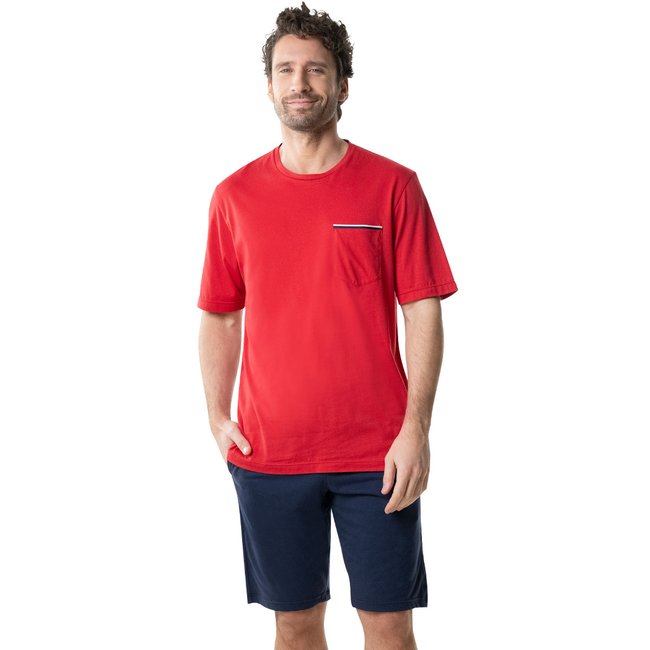Pyjama court col rond FAIT EN FRANCE rouge-bleu marine <span itemprop=