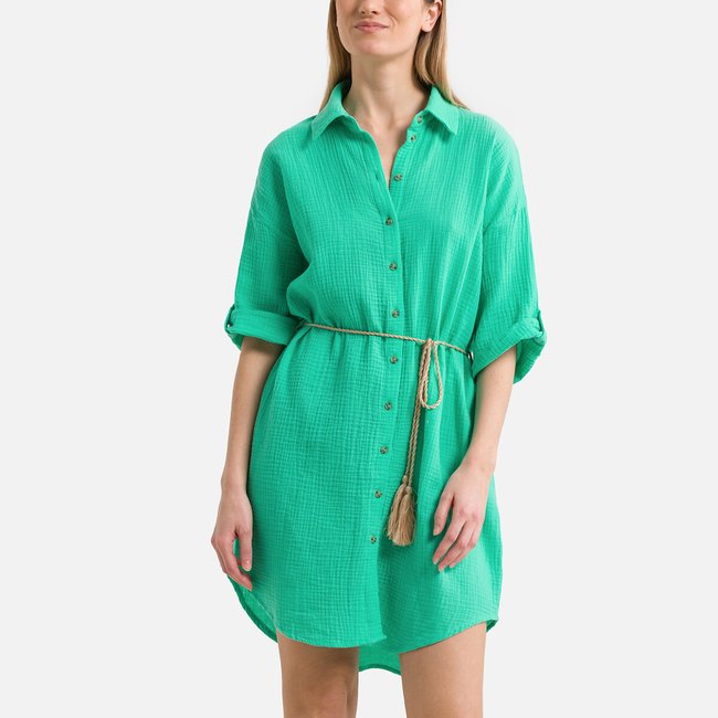 Vestido estilo camisa, mangas largas para atar verde <span itemprop=