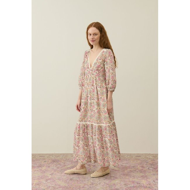 Robe longue évasée imprimée manches 3/4, BALI  imprimé rose <span itemprop=