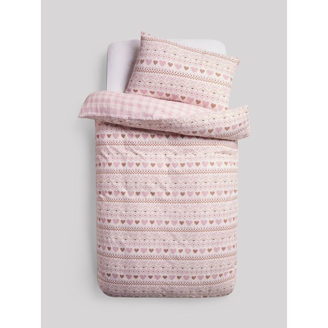 Parure housse de couette et taie d'oreiller coton brossé ultra doux à motif jacquard rose <span itemprop=