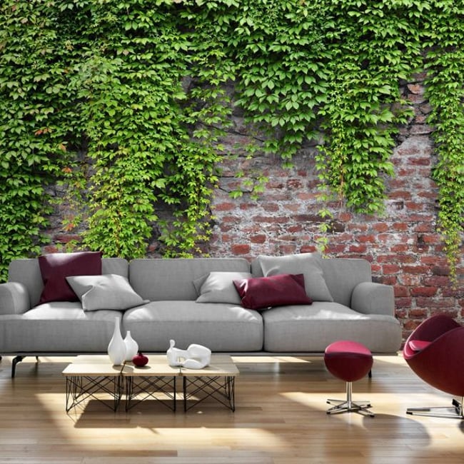 Papier peint intissé panoramique Briques et lierres Couleur vert <span itemprop=