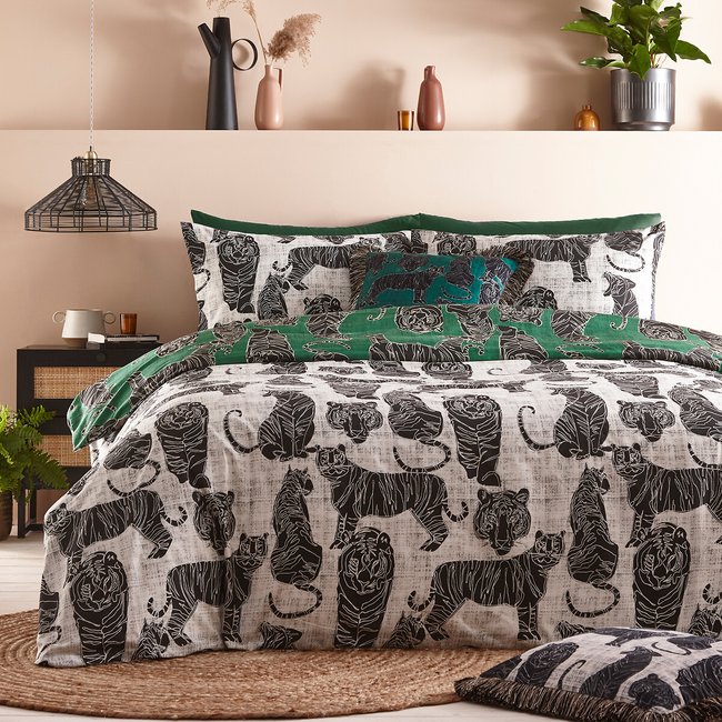 Reversible Cotton Blend Duvet Cover and Pillowcase Set, green, FURN.