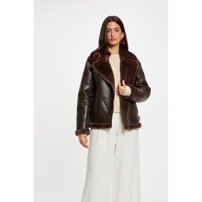 Blouson oversize similicuir café <span itemprop=
