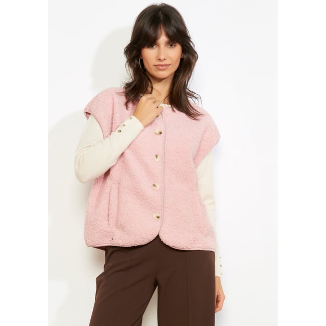 Gilet ample bouclette rose clair <span itemprop=