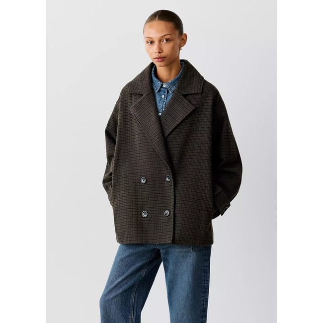 Manteau oversize en drap à carreaux chocolat <span itemprop=