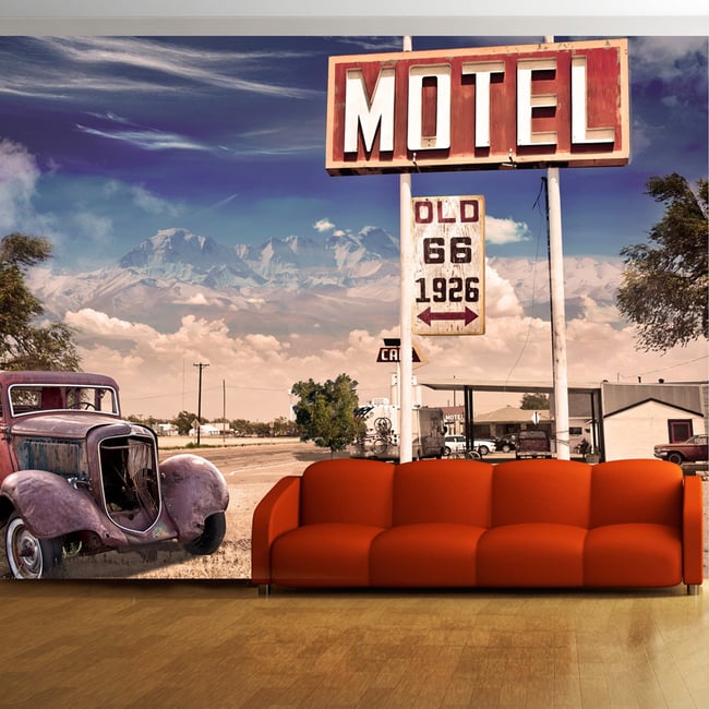 Papier peint intissé panoramique Vintage et Retro Old motel Couleur rouge <span itemprop=