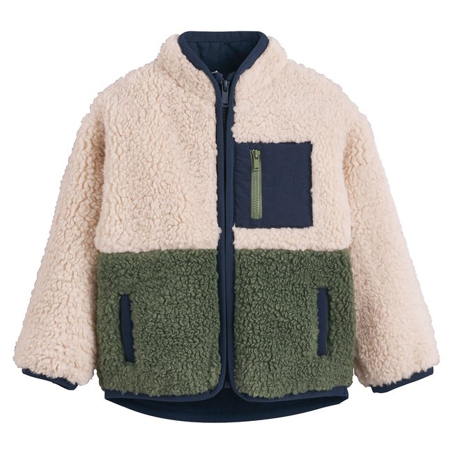 Gilet en sherpa à col montant beige + kaki <span itemprop=