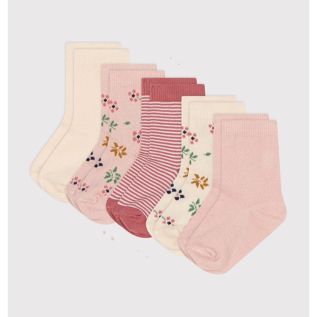 Pack of 5 Pairs of Crew Socks in Cotton Mix, ecru + pink, PETIT BATEAU