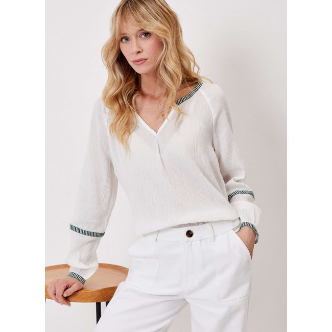 Blouse ample coton bio MAGUIE blanc brodé <span itemprop=