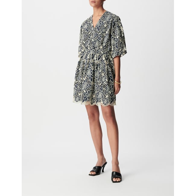 Printed Short Sleeve V-Neck Full Mini Dress, navy, IKKS