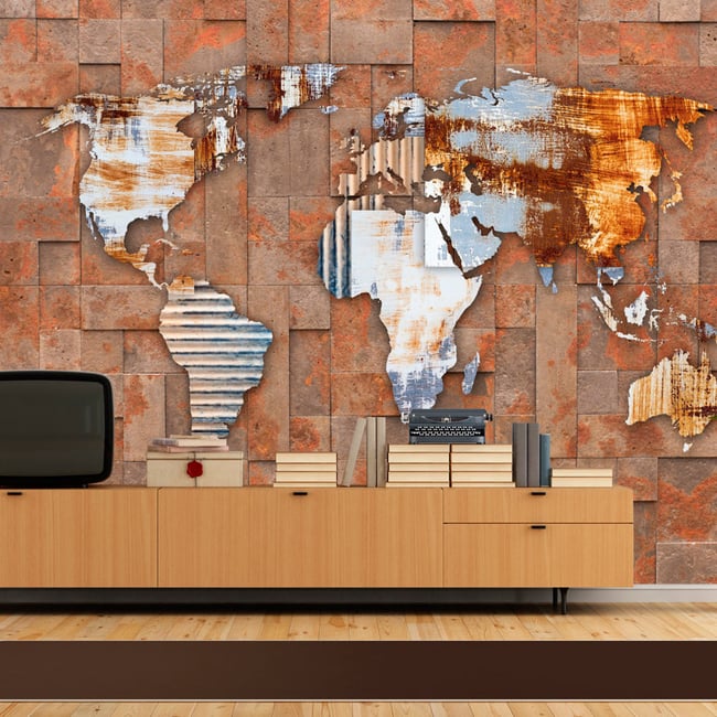 Papier peint intissé panoramique Carte du monde Arcana of Modernity Couleur jaune / doré <span itemprop=