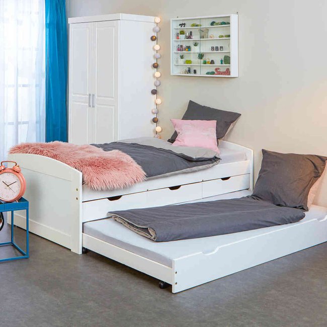 Lit gigogne en pin massif, 3 tiroirs Couleur blanc <span itemprop=