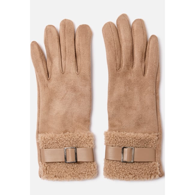 Gants suédine détail moutonné marron taupe <span itemprop=