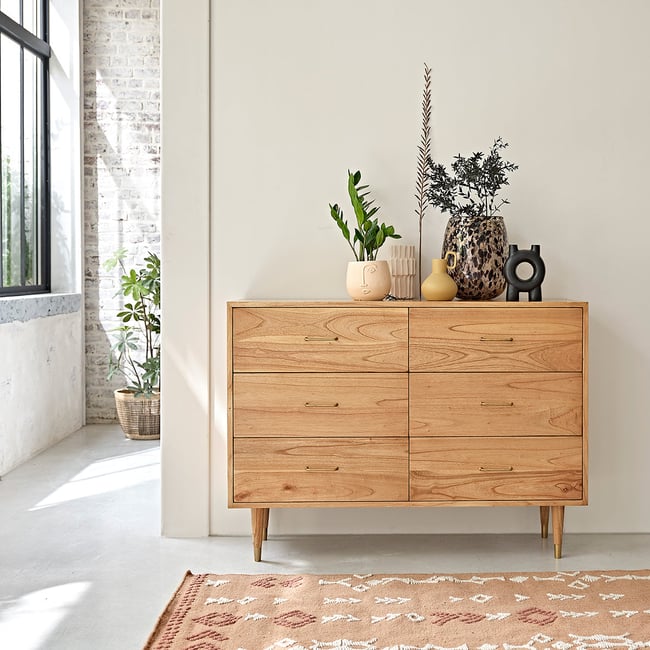 Commode en bois massif 130 cm 6 tiroirs  PIA Couleur naturel <span itemprop=