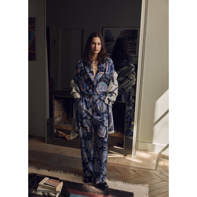 Pantalon large à imprimé noir/bleu <span itemprop=
