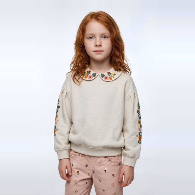 Sweat col claudine brodé beige clair melange <span itemprop=