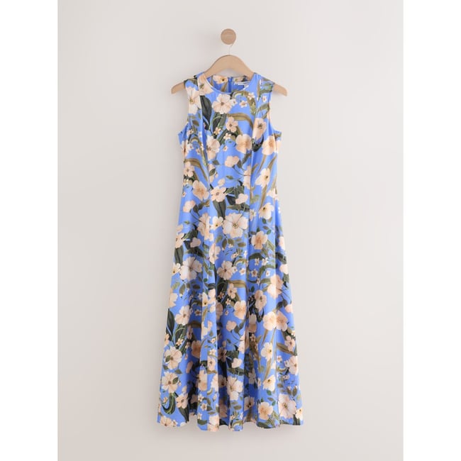 Robe longue droite trapèze sans manches imprimé floral bleu <span itemprop=