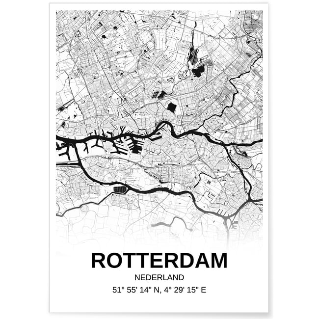 Affiche carte Rotterdam - rectangle Noir et Blanc Couleur blanc <span itemprop=