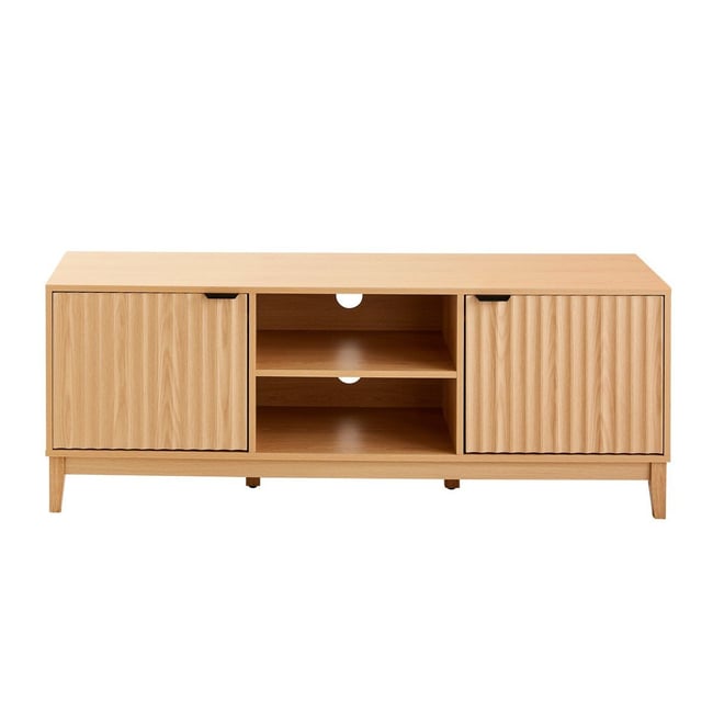 Meuble TV 2 niches et 2 portes aux façades effet vague L140 cm - BOLOGNE Couleur bois  clair <span itemprop=