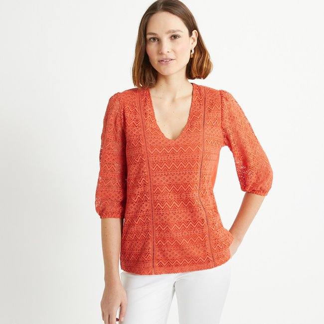Camisola com decote em V, mangas 3/4 terracota <span itemprop=