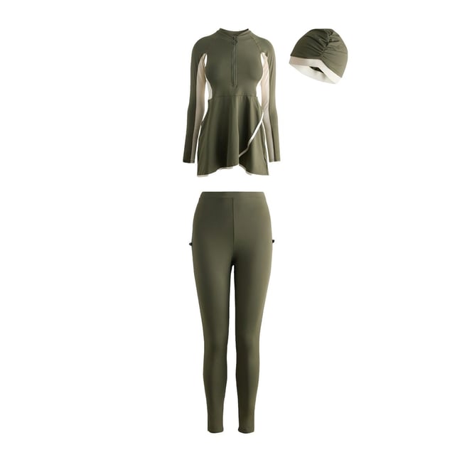 Burkini modeste, ensemble 3 pièces vert kaki/crème <span itemprop=