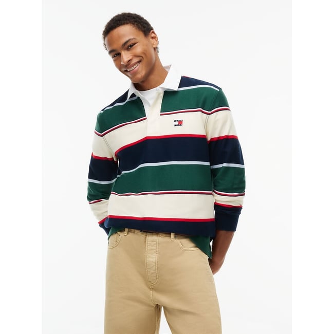 Polo manches longues, coupe relaxed rayé vert <span itemprop=