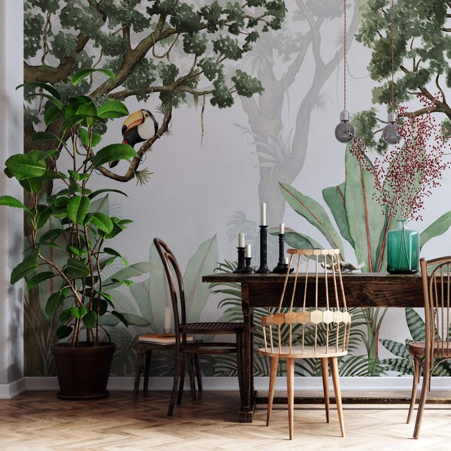 Papier peint panoramique et jungle avec toucan et plantes tropicales - 340x260 cm (l x h) Couleur vert <span itemprop=