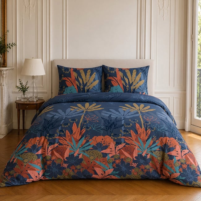 Parure de lit en microfibre motif tropical, FUNNY PALM vert <span itemprop=