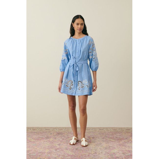 Rinala Embroidered Mini Dress with Crew Neck and 3/4 Length Sleeves, blue striped, LOUISE MISHA