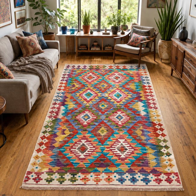 Tapis kilim à motif géométrique, tissé plat en laine, KILIM 27 Couleur multicolore, bleu, rouge <span itemprop=