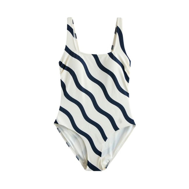 Maillot de bain gainant à encolure carrée marine/blanc ondulé <span itemprop=