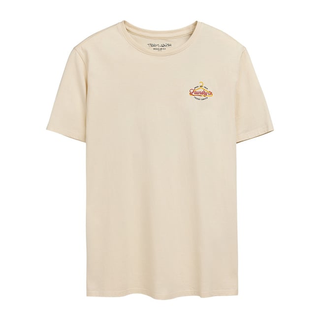 T-shirt en coton beige imprimé laundry au dos et à la poitrine à col rond beige <span itemprop=