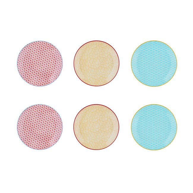 Lot de 6 assiettes à dessert en porcelaine, PATTERN Couleur bleu clair / rouge / jaune <span itemprop=