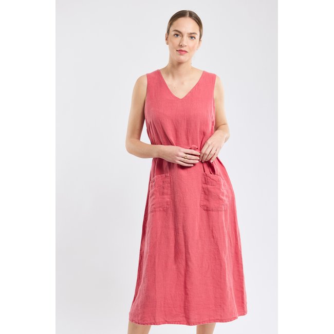 Robe sans manche ceinturée en lin garnet rose <span itemprop=