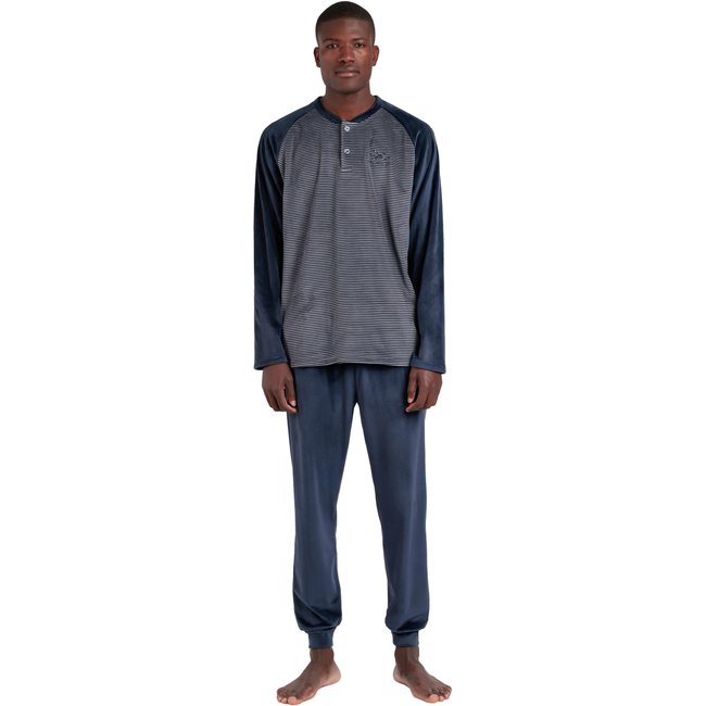Pyjama velours tenue pantalon top manches longues BASIC Stripes bleu marine <span itemprop=