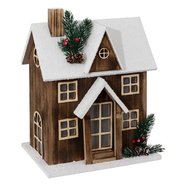 Bois maison neige Led 34cm, marron Couleur marron <span itemprop=