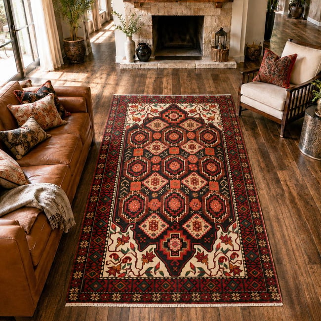 Tapis d'orient, motif oriental artisanal, noué main, BALUTSCH 4 Couleur multicolore, beige, bordeaux <span itemprop=