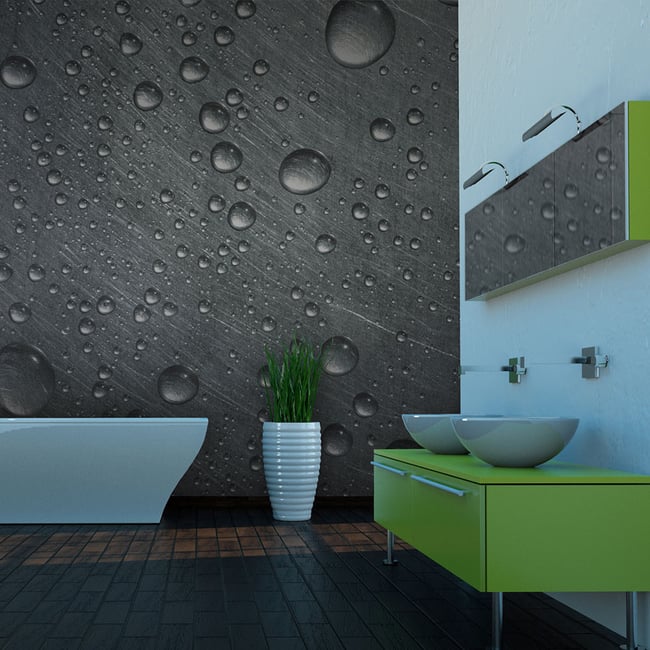 Papier peint intissé panoramique Surface en acier avec gouttes d'eau Couleur blanc <span itemprop=