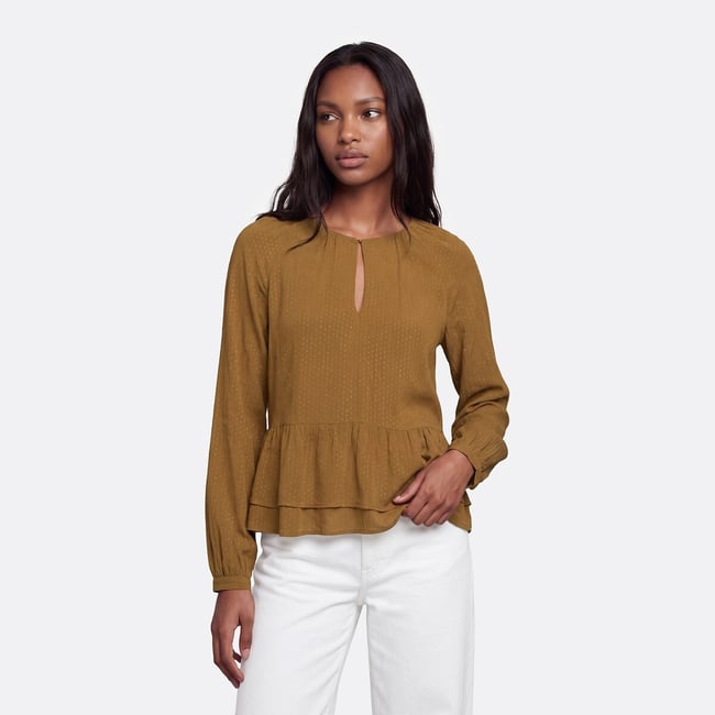 Ruffled Long Sleeve Crew Neck Blouse, camel brown, LA REDOUTE COLLECTIONS