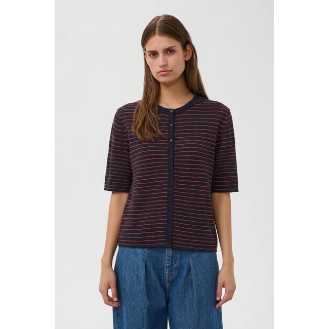 Cardigan à tricot bleu navy w pumpkin stripe <span itemprop=