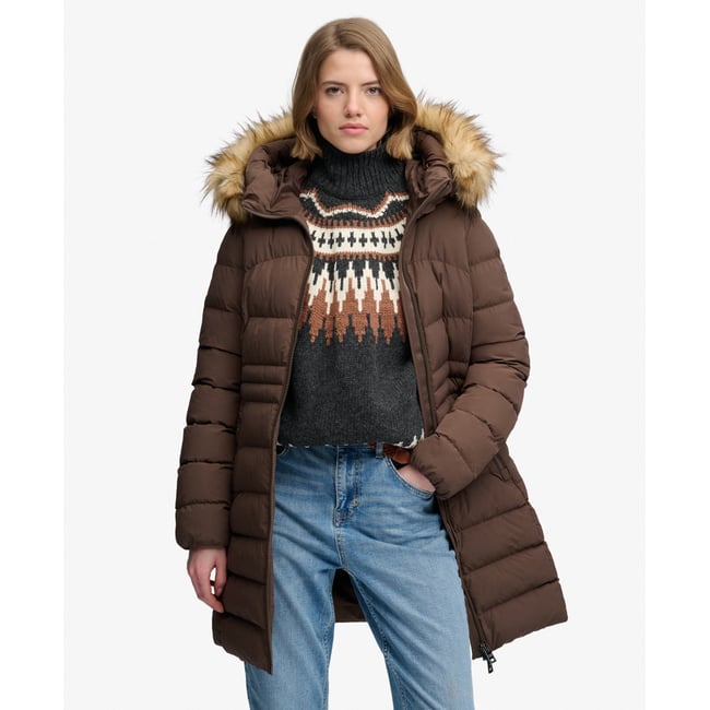 Manteau Fuji Mi-Long à Capuche en imitation Fourrure marron fougère <span itemprop=