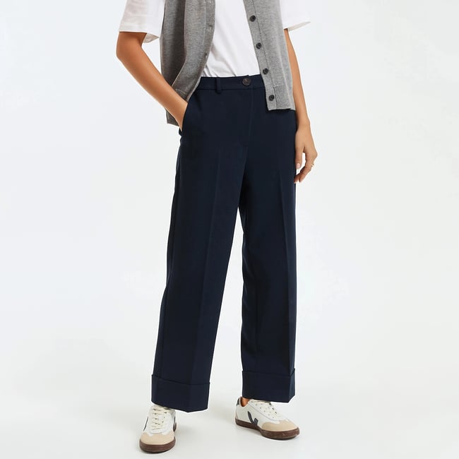 Pantalon droit taille haute, longueur 7/8ème bleu marine <span itemprop=